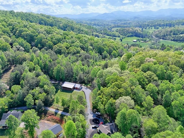 aerial view featuring a view of trees and a mountain view