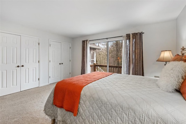 bedroom featuring carpet and two closets