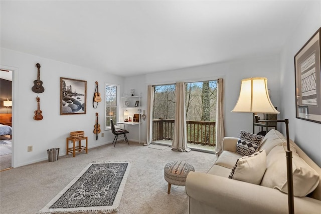 carpeted living area featuring baseboards
