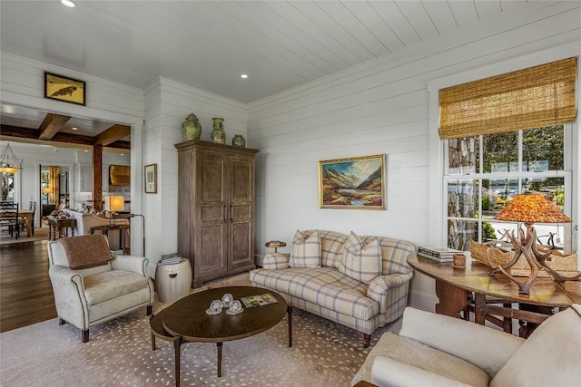 168 Old Wagon Rd, Highlands, NC 28741 - living room featuring wood walls, wood finished floors, crown molding, and recessed lighting