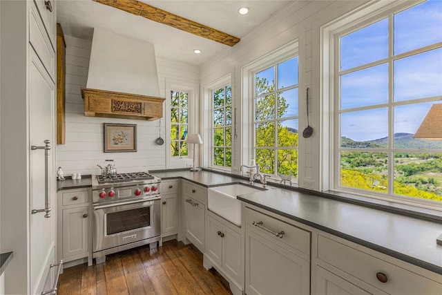168 Old Wagon Rd, Highlands, NC 28741 - kitchen with premium range, a sink, custom exhaust hood, dark wood-style flooring, and dark countertops