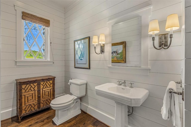 168 Old Wagon Rd, Highlands, NC 28741 - bathroom featuring toilet, wood finished floors, ornamental molding, and wood walls
