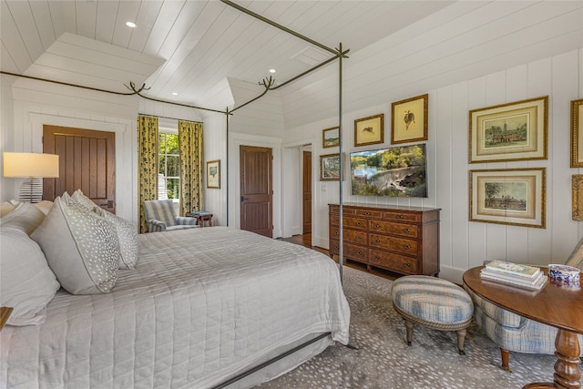 168 Old Wagon Rd, Highlands, NC 28741 - bedroom with wood ceiling, recessed lighting, and wood walls