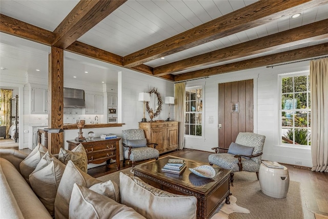 168 Old Wagon Rd, Highlands, NC 28741 - living area with wood finished floors, beamed ceiling, and recessed lighting