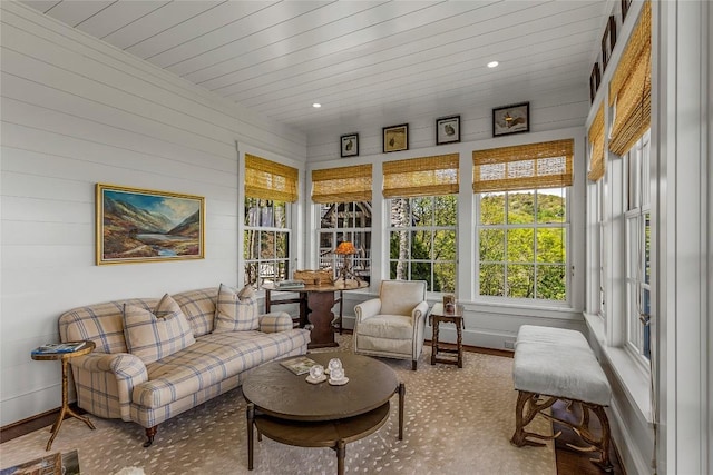 168 Old Wagon Rd, Highlands, NC 28741 - sunroom / solarium with healthy amount of natural light, wood ceiling, wooden walls, baseboards, and recessed lighting