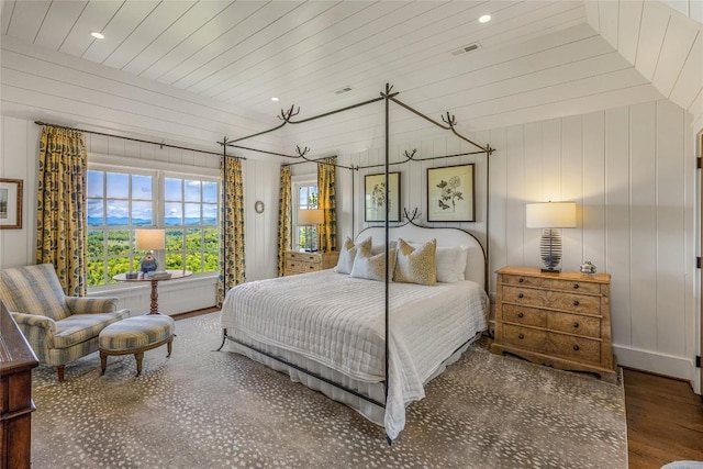 168 Old Wagon Rd, Highlands, NC 28741 - bedroom featuring wood finished floors, recessed lighting, wooden ceiling, and wooden walls
