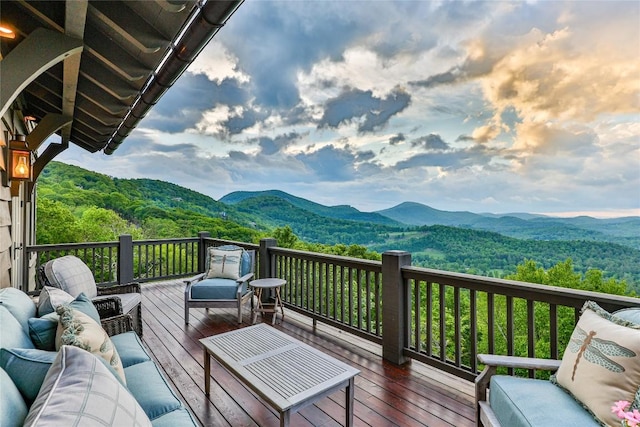 168 Old Wagon Rd, Highlands, NC 28741 - wooden terrace featuring outdoor lounge area, a mountain view, and a forest view
