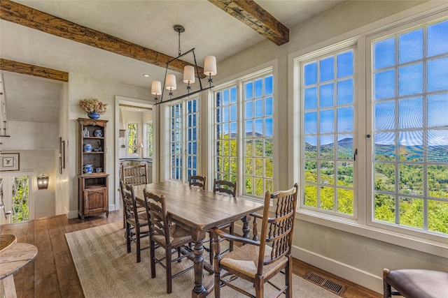 168 Old Wagon Rd, Highlands, NC 28741 - dining space with hardwood / wood-style flooring, beamed ceiling, baseboards, healthy amount of natural light, and a mountain view