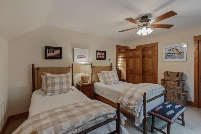 161 Kestrel Ct, Sapphire, NC 28774 - bedroom featuring light colored carpet, ceiling fan, and lofted ceiling