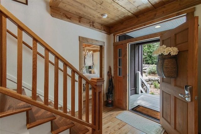 161 Kestrel Ct, Sapphire, NC 28774 - entryway featuring wood finished floors, wooden ceiling, and stairs