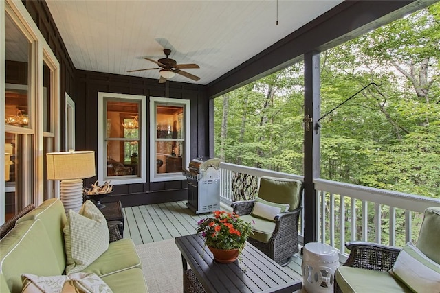 161 Kestrel Ct, Sapphire, NC 28774 - wooden terrace featuring ceiling fan and a grill
