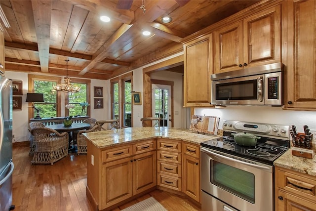 161 Kestrel Ct, Sapphire, NC 28774 - kitchen with stainless steel appliances, a wood ceiling with exposed beams, light wood finished floors, a peninsula, and light stone countertops