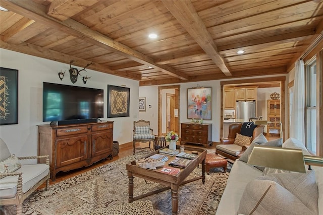 161 Kestrel Ct, Sapphire, NC 28774 - living room featuring a wooden ceiling with exposed beams, recessed lighting, and wood finished floors