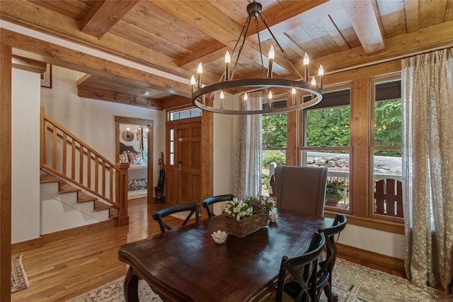 161 Kestrel Ct, Sapphire, NC 28774 - dining space featuring a wood ceiling with exposed beams, wood finished floors, a chandelier, and stairs