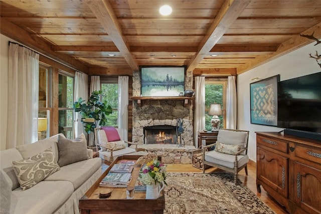 161 Kestrel Ct, Sapphire, NC 28774 - living room with a wood ceiling with exposed beams, wood finished floors, a fireplace, and recessed lighting