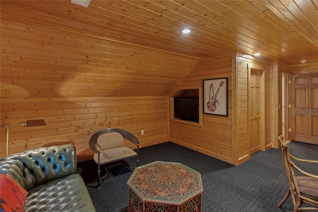161 Kestrel Ct, Sapphire, NC 28774 - living area with dark carpet, wood walls, wood ceiling, lofted ceiling, and recessed lighting