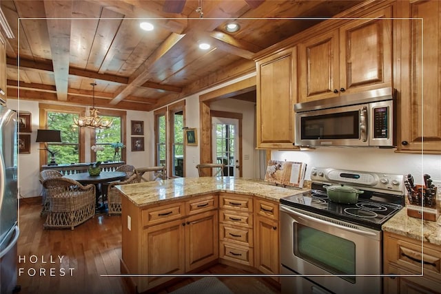161 Kestrel Ct, Sapphire, NC 28774 - kitchen featuring appliances with stainless steel finishes, dark wood-style floors, a wooden ceiling with exposed beams, a peninsula, and light stone countertops