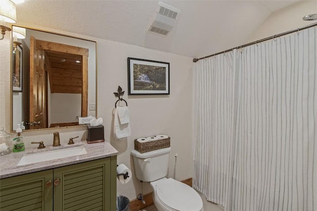 161 Kestrel Ct, Sapphire, NC 28774 - bathroom featuring vanity, vaulted ceiling, and curtained shower