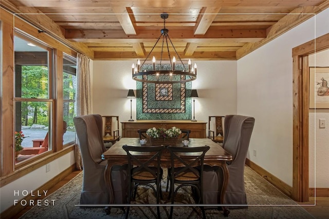 161 Kestrel Ct, Sapphire, NC 28774 - dining area with a wooden ceiling with exposed beams and a chandelier