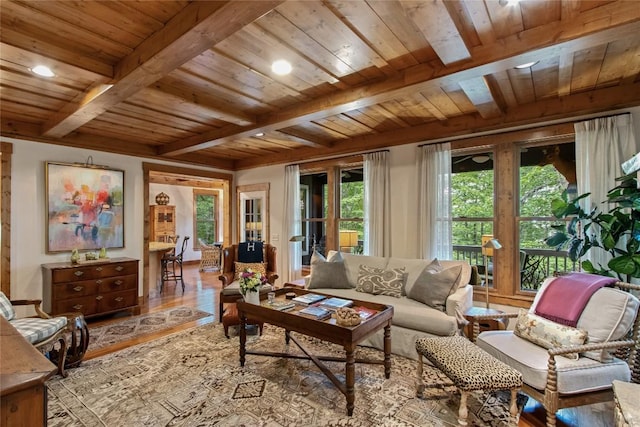 161 Kestrel Ct, Sapphire, NC 28774 - living area featuring a wood ceiling with exposed beams, wood finished floors, healthy amount of natural light, and recessed lighting