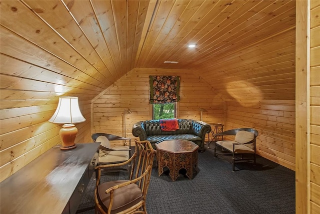161 Kestrel Ct, Sapphire, NC 28774 - sitting room featuring wood ceiling, vaulted ceiling, wooden walls, and carpet