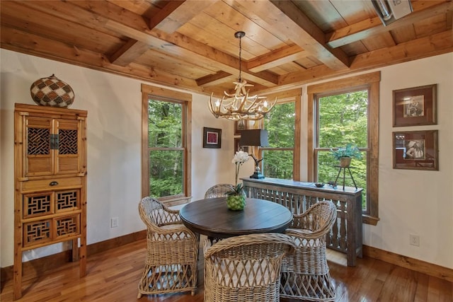 161 Kestrel Ct, Sapphire, NC 28774 - dining room featuring a wooden ceiling with exposed beams, light wood-type flooring, a chandelier, and coffered ceiling