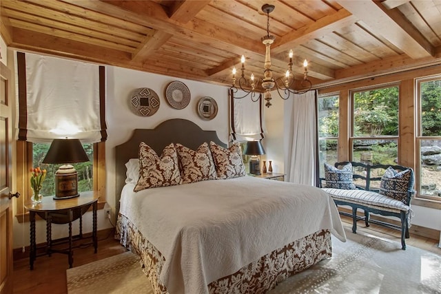 161 Kestrel Ct, Sapphire, NC 28774 - bedroom with a wooden ceiling with exposed beams, wood finished floors, and a chandelier