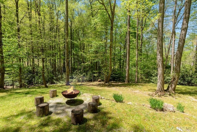 view of grassy yard featuring a fire pit and a view of trees