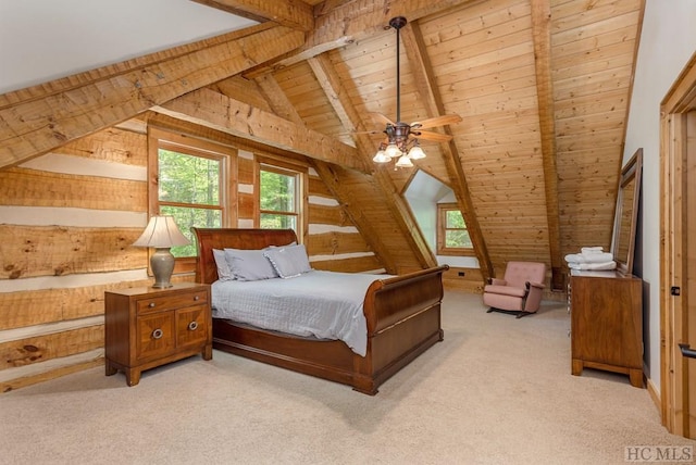 bedroom featuring vaulted ceiling with beams, wooden walls, light colored carpet, and wooden ceiling