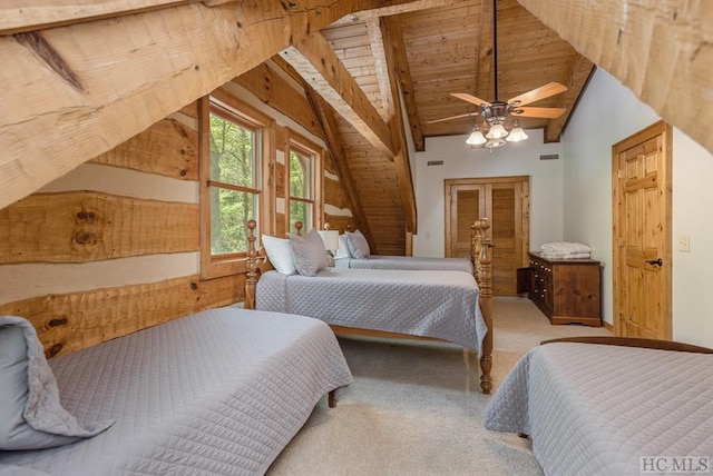 bedroom with wood ceiling, ceiling fan, lofted ceiling with beams, and light carpet