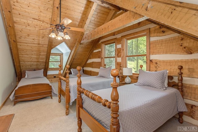 carpeted bedroom featuring wooden ceiling and wooden walls