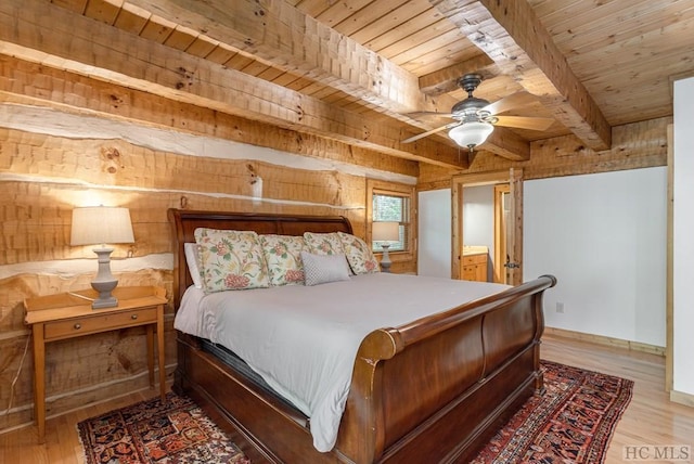 bedroom featuring wood ceiling, ceiling fan, hardwood / wood-style floors, beam ceiling, and wooden walls