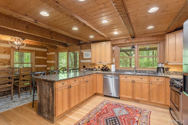 kitchen featuring sink, wooden ceiling, dark stone countertops, appliances with stainless steel finishes, and kitchen peninsula