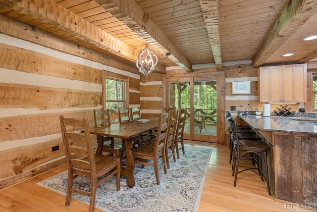 dining area with wood walls, beamed ceiling, a chandelier, light hardwood / wood-style floors, and wood ceiling