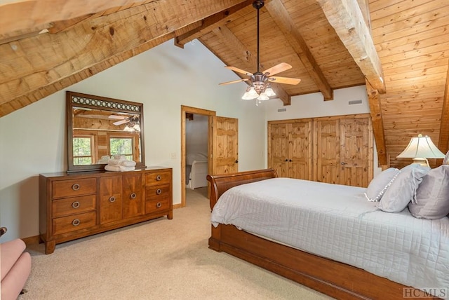 bedroom featuring wood ceiling, high vaulted ceiling, light carpet, beamed ceiling, and ceiling fan