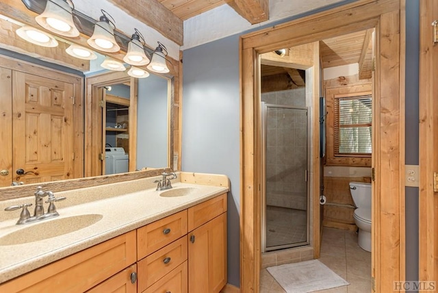 bathroom with a stall shower, toilet, tile patterned floors, and double vanity