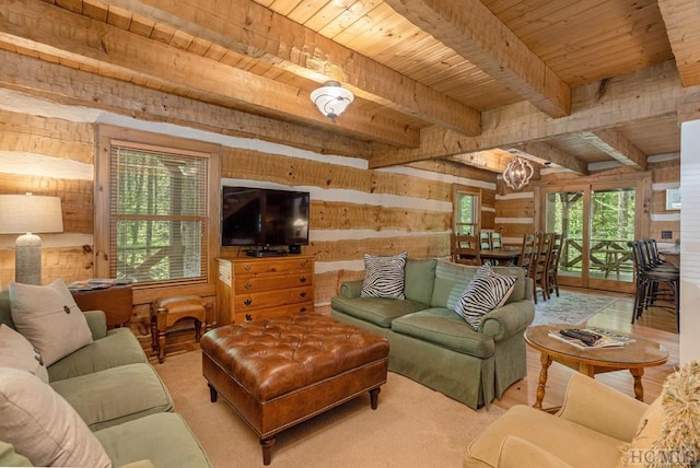 living room with beam ceiling, wooden walls, and wooden ceiling