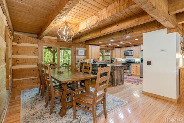 dining area with wood ceiling, light wood-type flooring, wooden walls, a notable chandelier, and beam ceiling