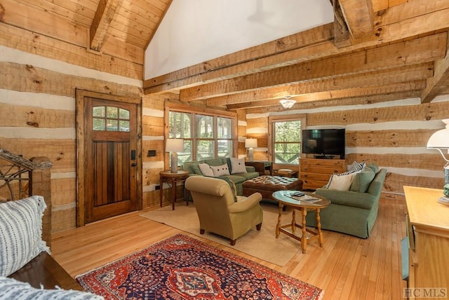 living room with hardwood / wood-style flooring, wooden ceiling, wooden walls, and beam ceiling