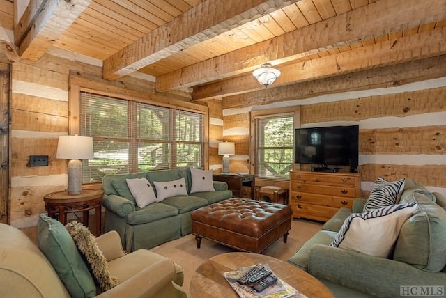 living room with wood ceiling, wooden walls, and beamed ceiling