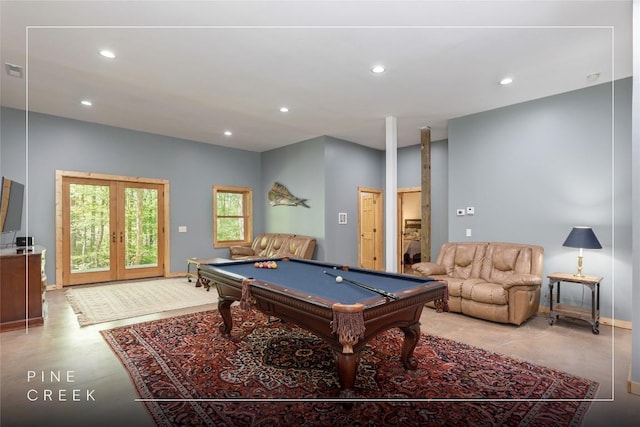 rec room with finished concrete floors, pool table, french doors, recessed lighting, and baseboards