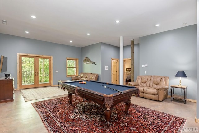 playroom with billiards and french doors