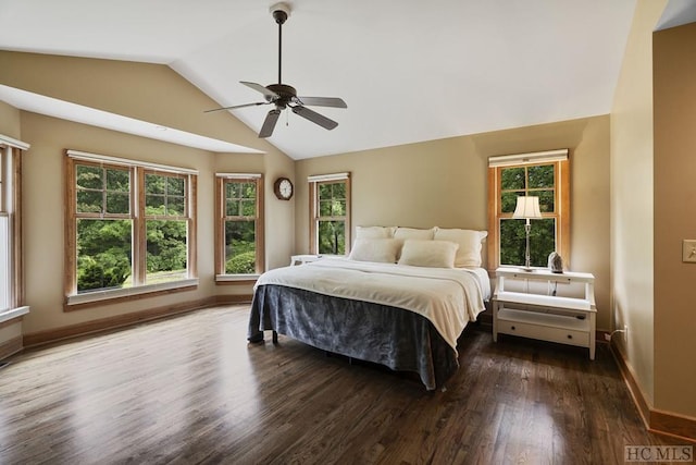 bedroom with ceiling fan, vaulted ceiling, and dark hardwood / wood-style floors