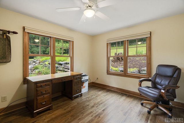 home office featuring a healthy amount of sunlight, dark hardwood / wood-style flooring, and ceiling fan