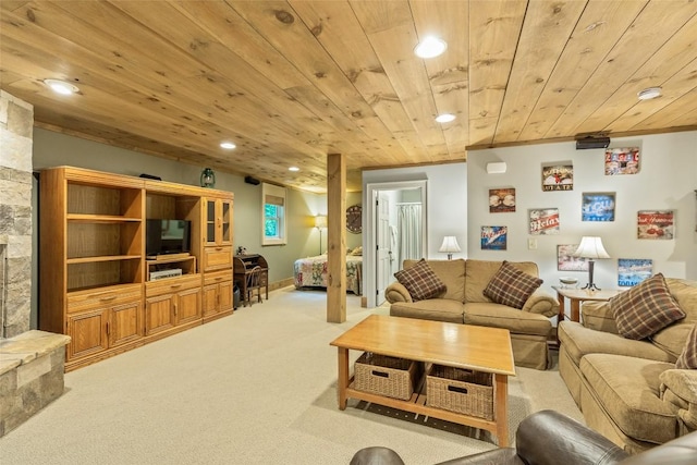 carpeted living room featuring crown molding and wooden ceiling