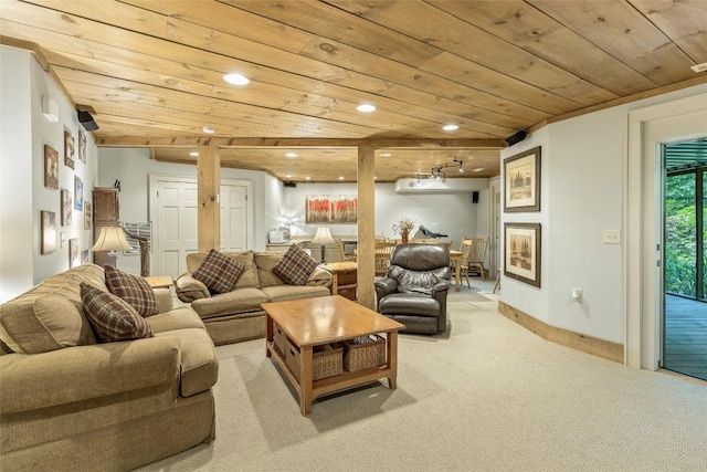 living room with wood ceiling and light colored carpet