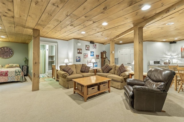 carpeted living room featuring wood ceiling