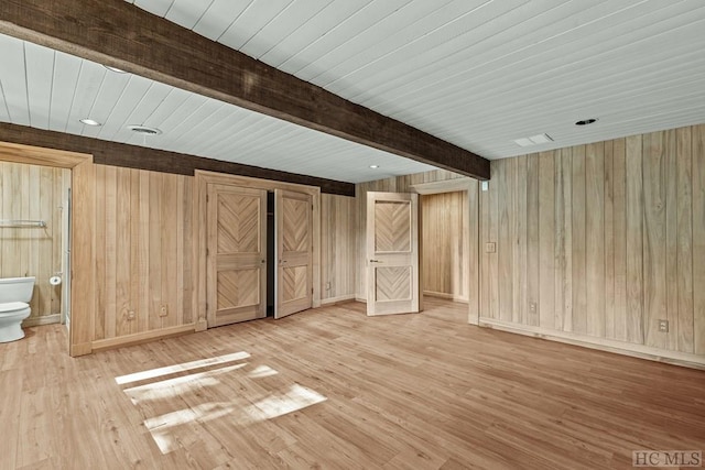 additional living space with wooden walls, beamed ceiling, and light wood-type flooring