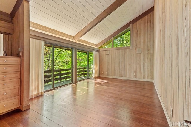 empty room featuring hardwood / wood-style floors, wooden walls, high vaulted ceiling, and beamed ceiling