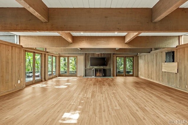 unfurnished living room featuring hardwood / wood-style floors, beam ceiling, wooden walls, and electric panel